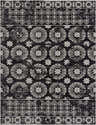 Close-up of the Kahraman Black & White Washable Rug, featuring a floral medallion pattern and decorative borders. Design-Rectangle-537