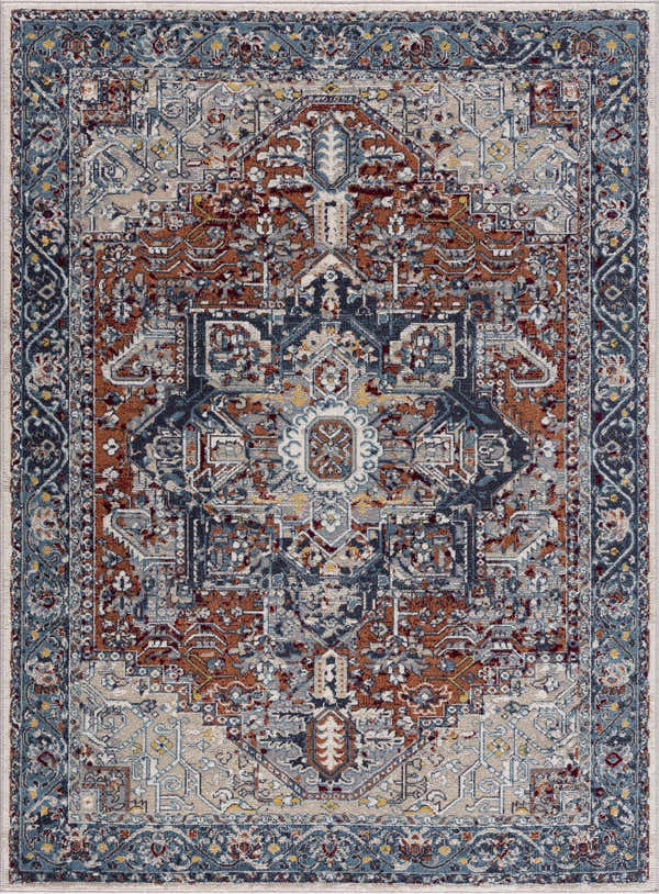 Detailed pattern of the Cabacungan Blue & Rust Washable Area Rug. Oriental rug design in blue, brick red, cream, and beige tones. Design-Rectangle-537