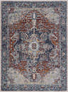 Detailed pattern of the Cabacungan Blue & Rust Washable Area Rug. Oriental rug design in blue, brick red, cream, and beige tones. Design-Rectangle-537