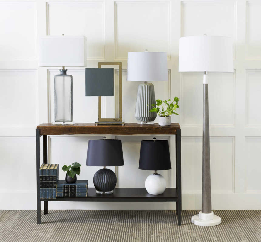 Entryway scene with a charcoal Angie Area Rug, console table with lamps, books, and plants against a white paneled wall. Styleshot
