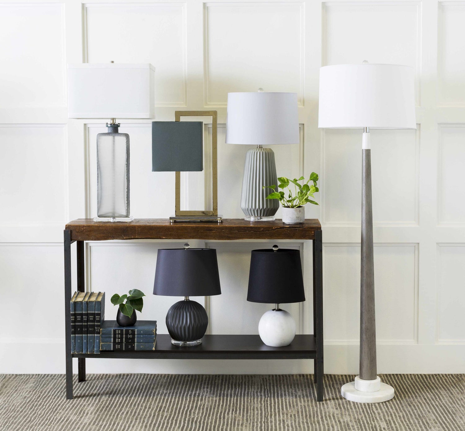 Entryway scene with a charcoal Angie Area Rug, console table with lamps, books, and plants against a white paneled wall. Styleshot