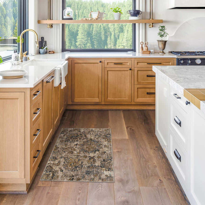 Farmhouse kitchen with wood cabinets and Morinville Teal Floral Rug on hardwood floor. Roomscene-Rectangle
