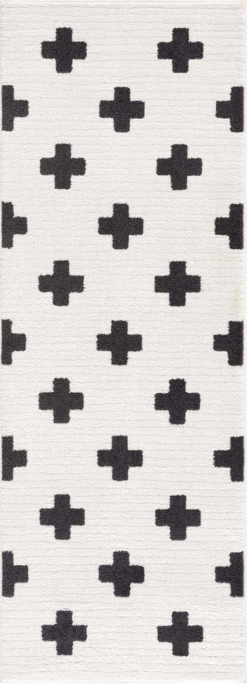 Close-up of the Erath Area Rug featuring a black plus sign pattern on an off-white background. Design-Runner-2773