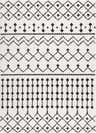 Close-up of the Ringwood Area Rug, a machine woven rug with a black and off-white geometric pattern. Design-Rectangle-5373