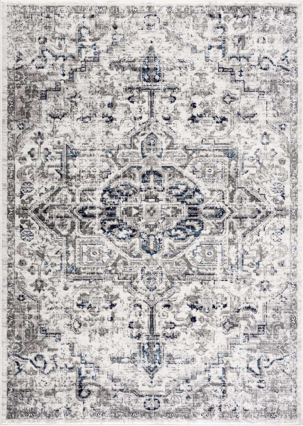 Close-up of the Buenaventura Cream & Navy Area Rug. Traditional oriental design with distressed details and soft polypropylene texture. Design-Rectangle-46