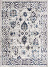 Close-up of the Duena Area Rug: traditional oriental design in blue and light gray, machine woven texture. Design-Rectangle-46