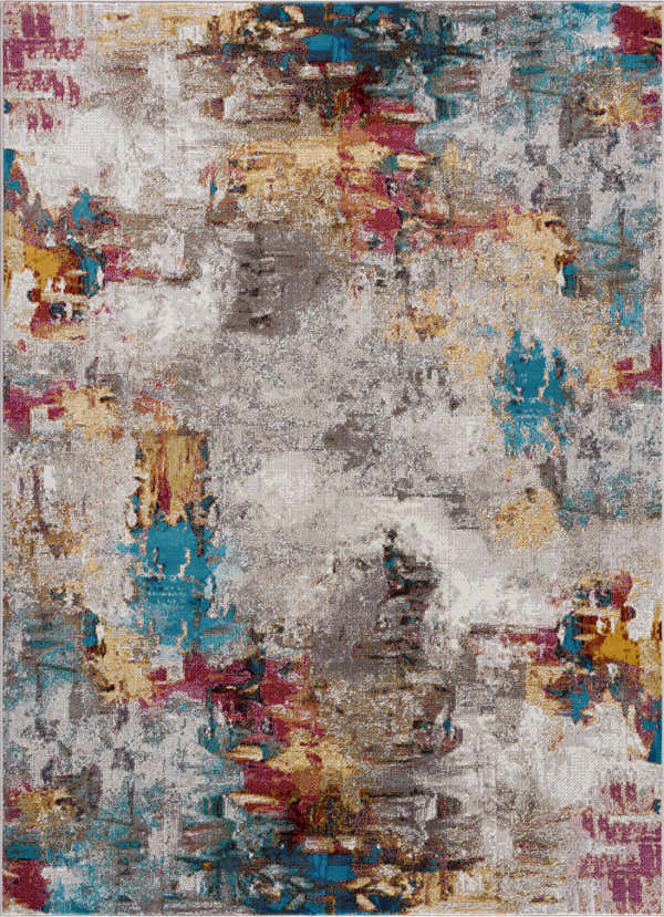 Close-up of the Mardin Abstract Area Rug. Features blue, pink, rust, mustard, and gray colors in a contemporary design. Design-Rectangle-5373