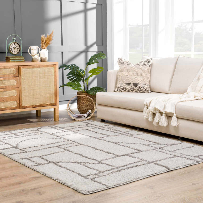Living room scene with a silver gray Andia Area Rug, cream sofa, and wood cabinet. Roomscene-Rectangle