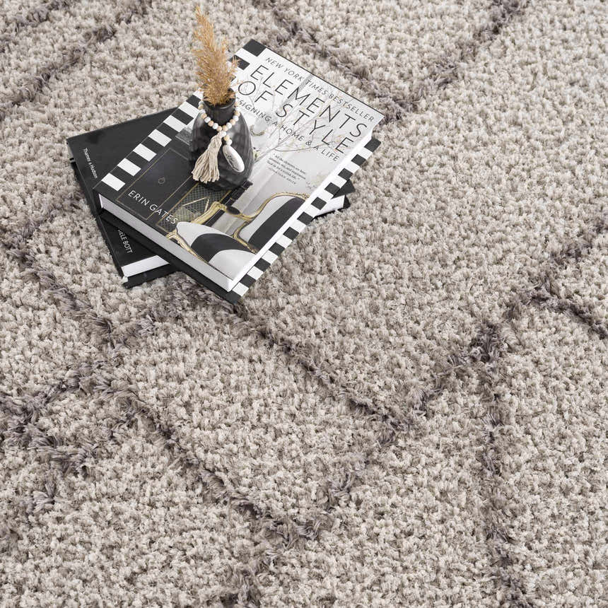 Close-up of the silver gray Andia Area Rug, a geometric shag rug with books and a vase on top. Styleshot