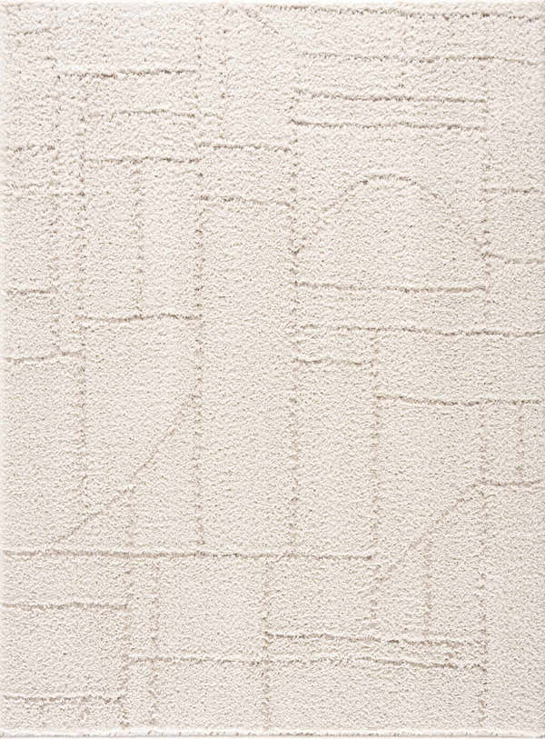 Close-up of the cream and white Andia Plush Grid Rug, a shag rug with a subtle geometric pattern. Design-Rectangle-46