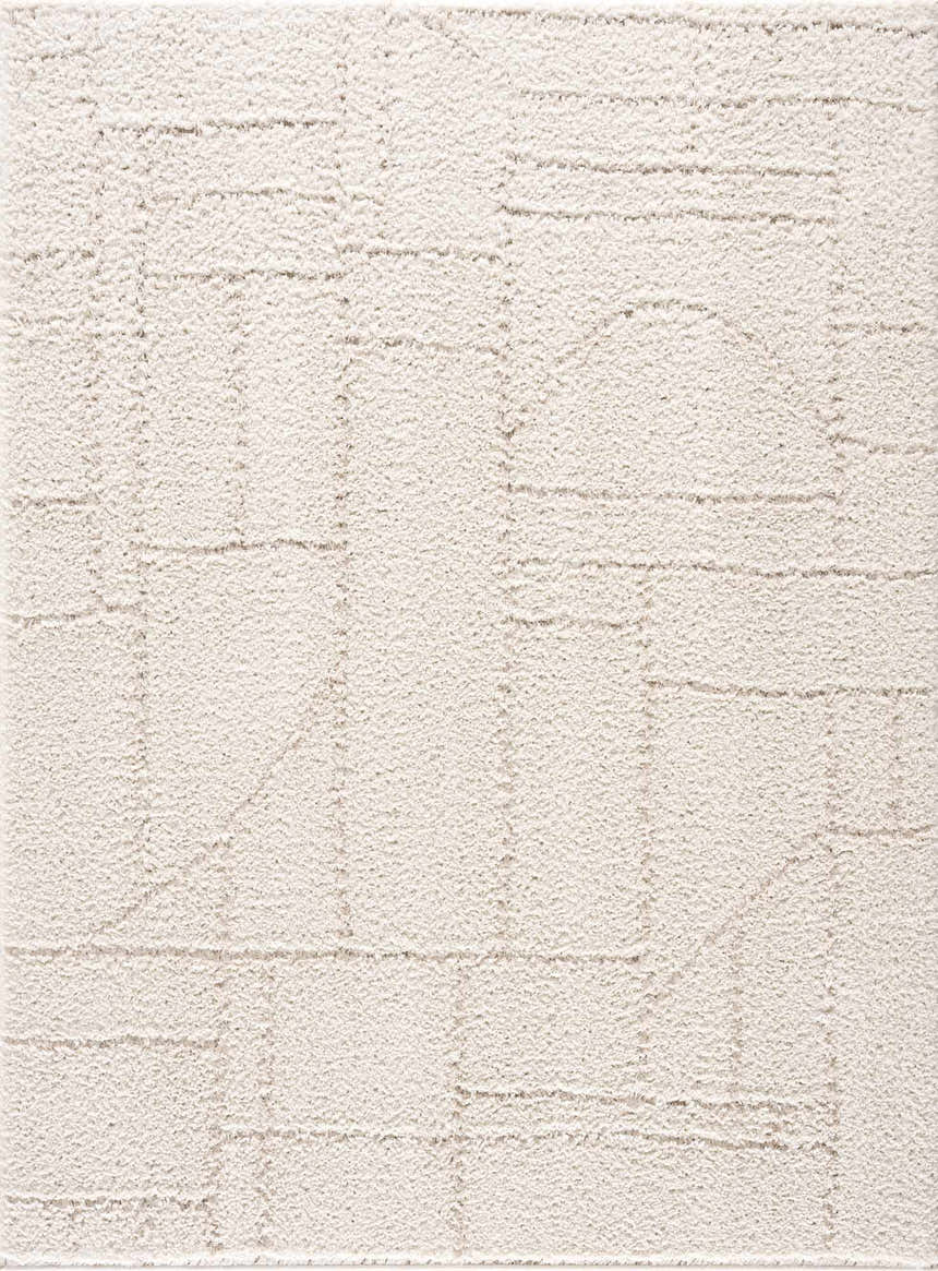 Close-up of the cream and white Andia Plush Grid Rug, a shag rug with a subtle geometric pattern. Design-Rectangle-46