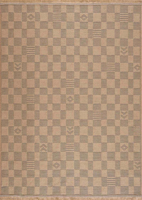 Close-up of the Nairi Checkered Washable Jute Rug. Beige and black checkered pattern with subtle geometric details. Design-Rectangle-46