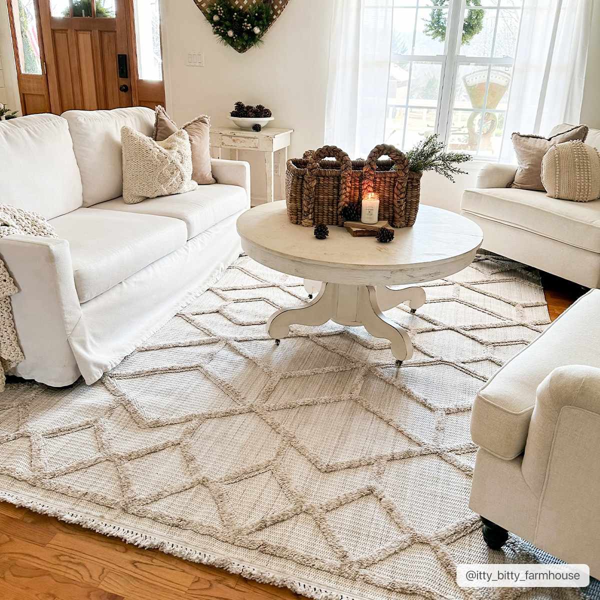 Malilinao Area Rug - Beige embossed trellis rug with small tassels