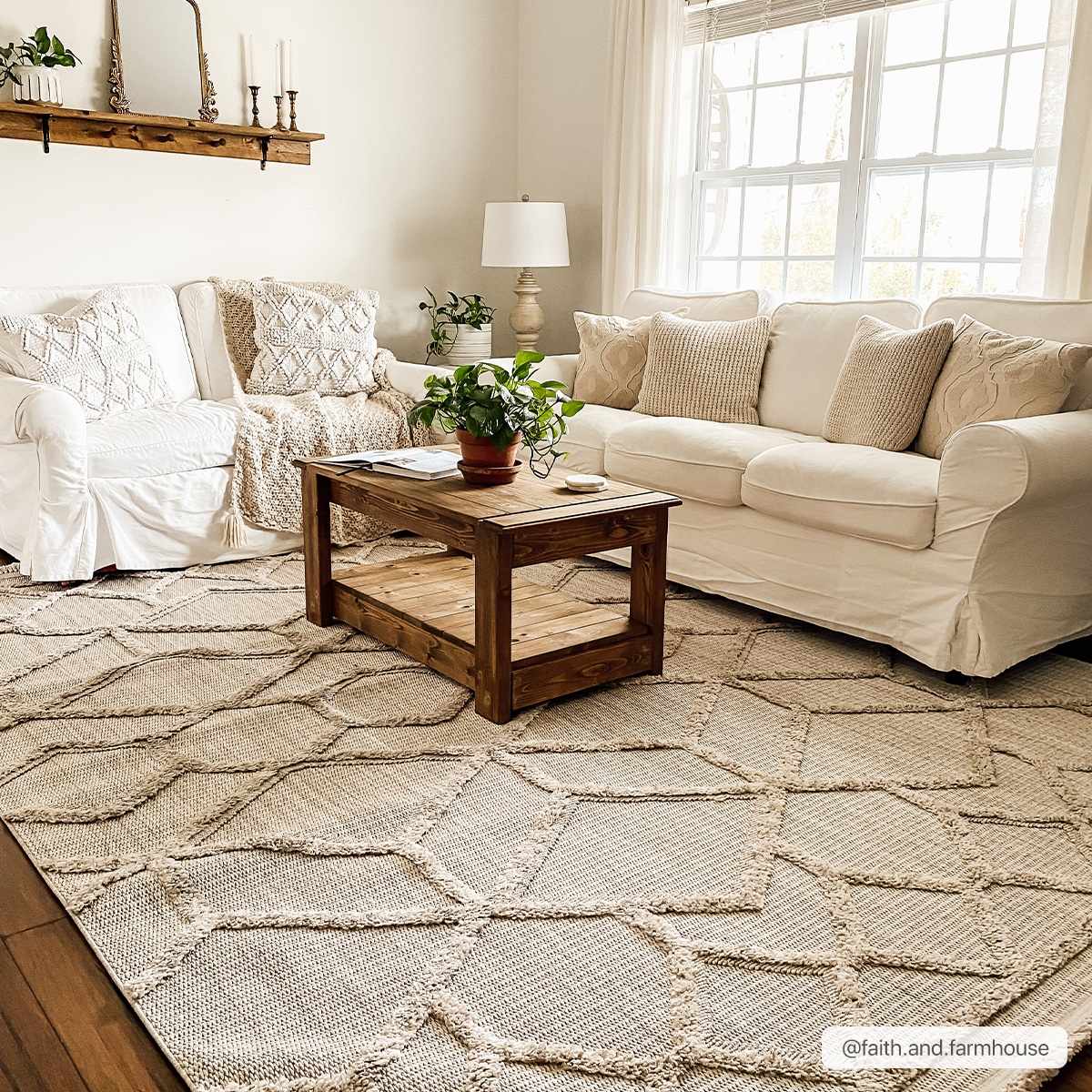 Malilinao Area Rug - Beige embossed trellis rug with small tassels