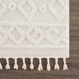 Close up of the bone Gyundyukoru Area Rug showing geometric patterns and fringe tassels. Swatch
