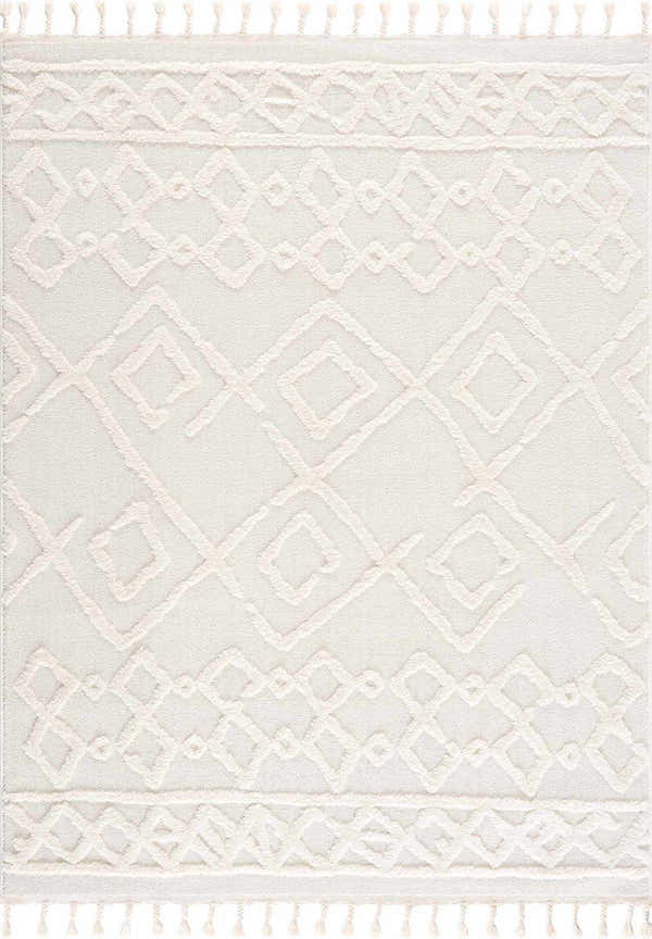Close-up of the Gyundyukoru Area Rug. Bone and cream geometric pattern with tassels, soft texture. Design-Rectangle-537