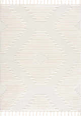 Close-up of the Palimbang Cream 3D Rug featuring a geometric diamond pattern and tassel fringe. Neutral bone and cream colors. Design-Rectangle-537