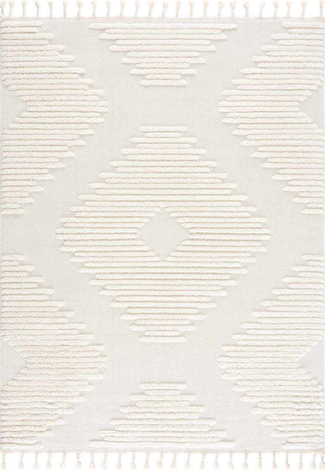 Close-up of the Palimbang Cream 3D Rug featuring a geometric diamond pattern and tassel fringe. Neutral bone and cream colors. Design-Rectangle-537