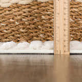 Close-up of the cream Palimbang 3D Rug showing the texture and pile height with a ruler for scale. Woven rug detail. Pile