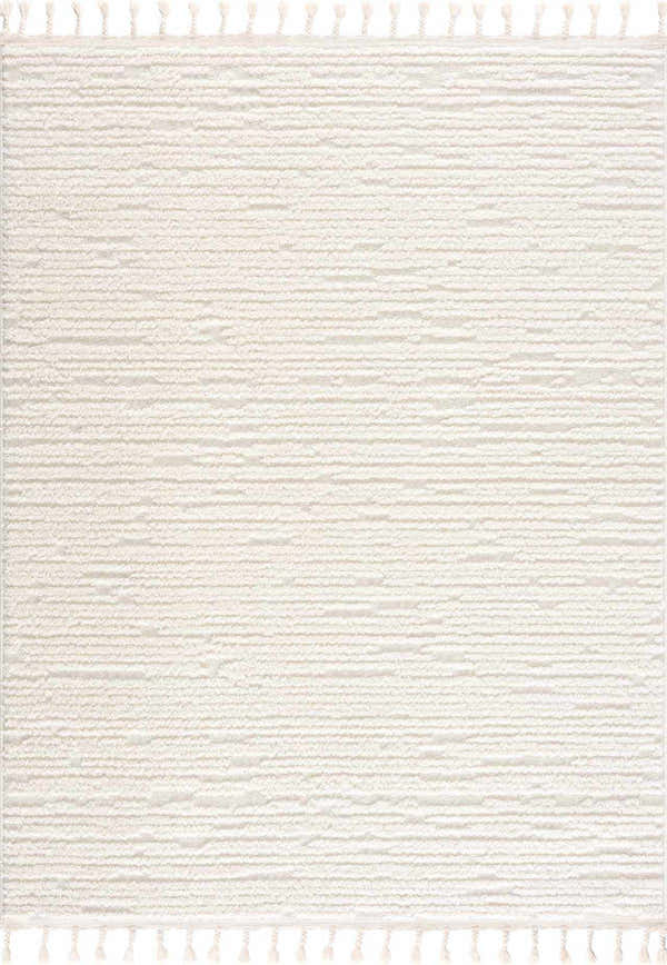 Close-up of the Kulu Textured Area Rug in cream, featuring a subtle geometric pattern and decorative tassels. Design-Rectangle-537