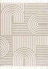 Close-up of the Moise Area Rug, featuring a beige and cream contemporary geometric pattern with tassels. Design-Rectangle-46