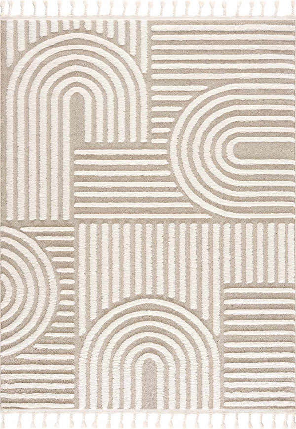 Close-up of the Moise Area Rug, featuring a beige and cream contemporary geometric pattern with tassels. Design-Rectangle-46