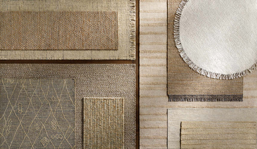 Close-up of various textures and patterns of jute rugs in tan, brown, and natural jute. Includes Buwoi Hand Woven Tan Jute Rug. Styleshot