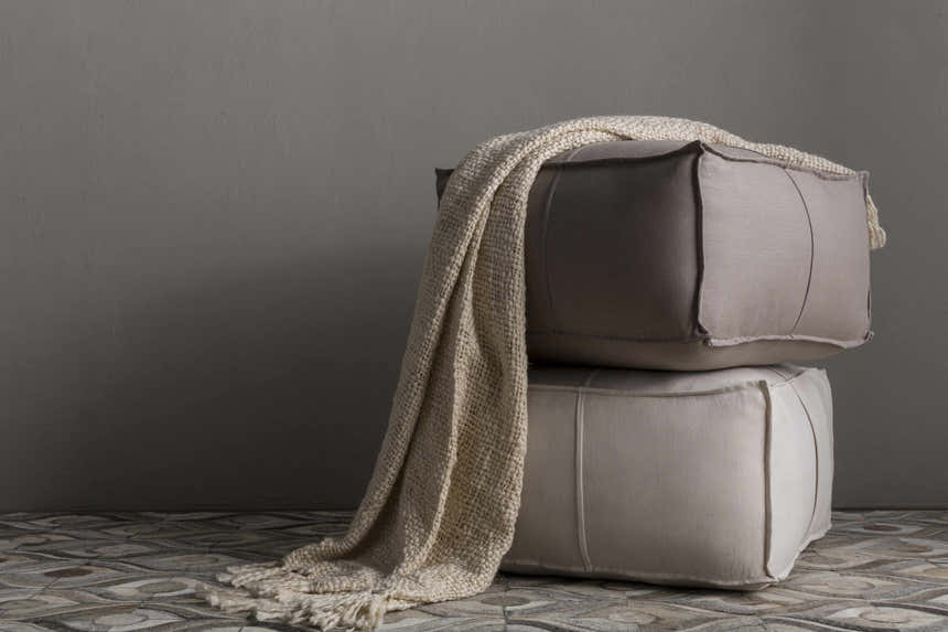 Friendsville Solid & Striped Ivory Pouf