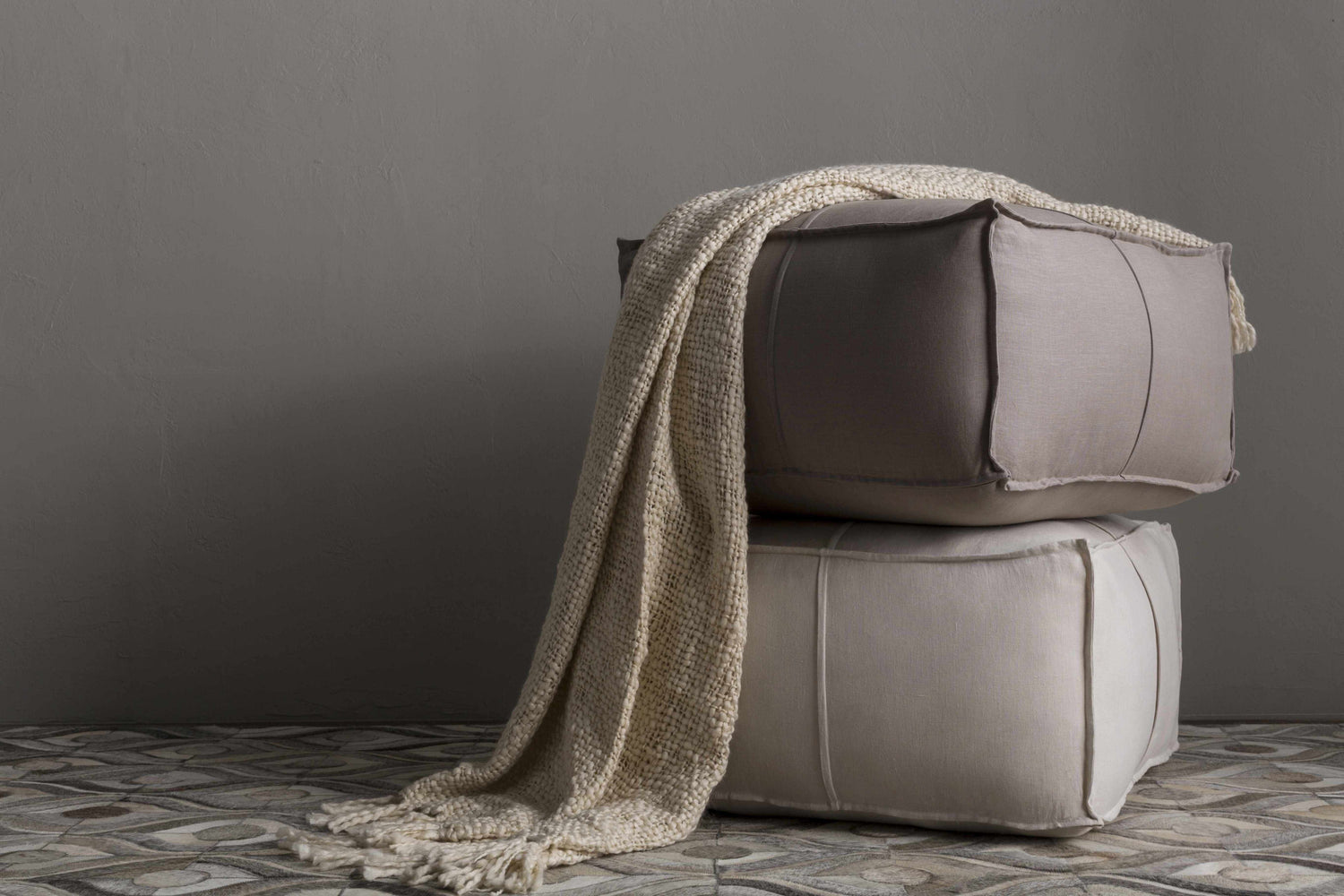 Friendsville Solid & Striped Ivory Pouf