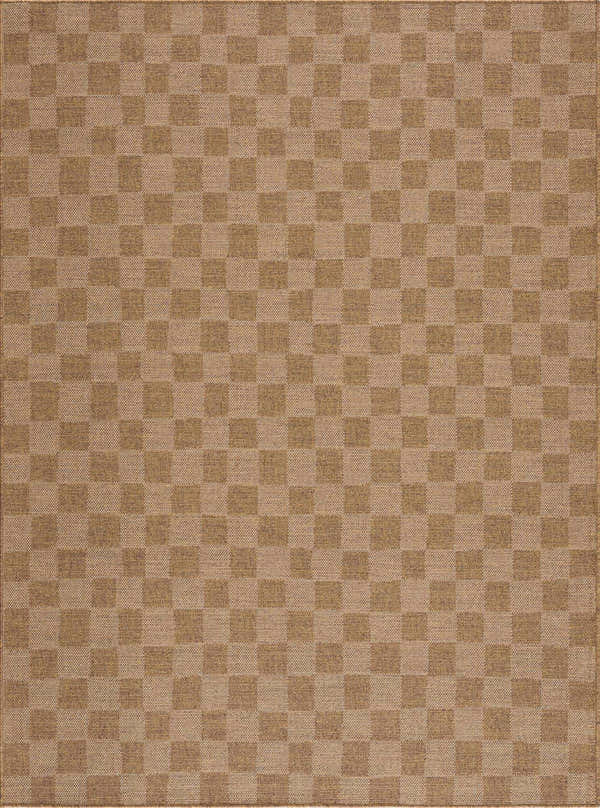 Close-up of the Kuval Checkered Brown Rug, featuring a woven camel and brown checkerboard pattern. Design-Rectangle-5373