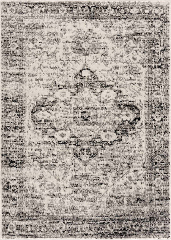 Close-up of the Park Black&Gray Area Rug with a traditional oriental pattern in charcoal, light gray, and off-white tones. Design-Rectangle-57