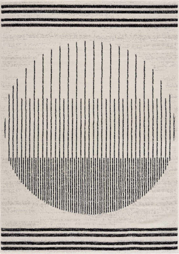 Close-up of the Angus Black&White Geometric Area Rug featuring a black linear circle design on an off-white background. Design-Rectangle-537