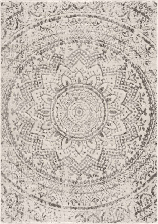 Close up of the Tadcaster Area Rug featuring a gray, mandala-inspired oriental pattern. Design-Rectangle-57