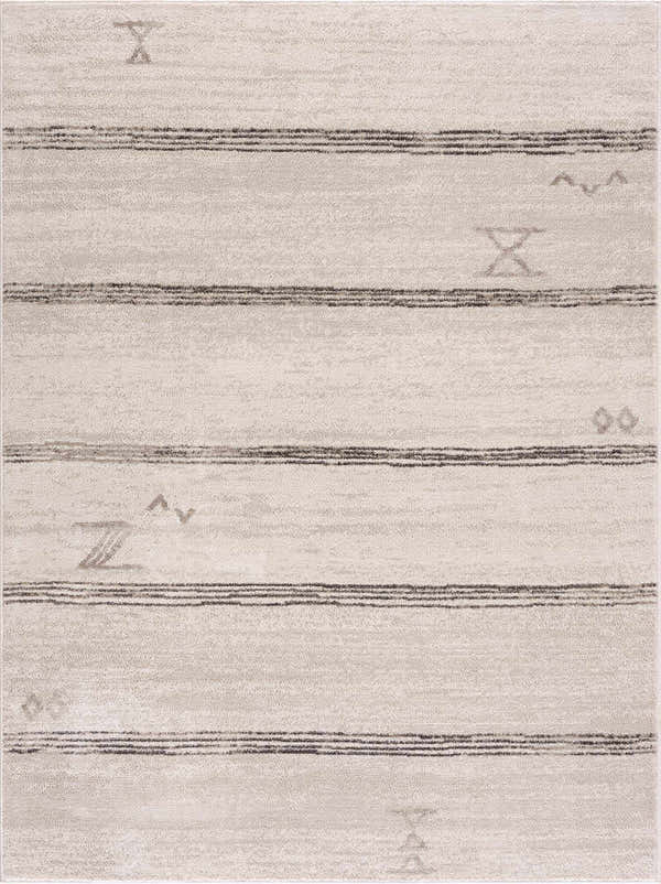 Close-up of Deja Cream & Charcoal Area Rug featuring a horizontal stripe and geometric pattern. Scandinavian style. Design-Rectangle-46