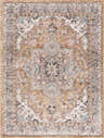 Close-up of the Albie Gold & Beige Area Rug. Features a traditional vintage design with beige, gold, and blue floral patterns. Design-Rectangle-46
