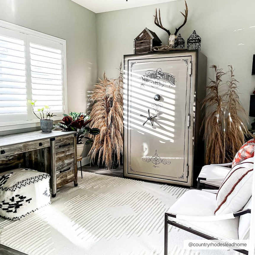 Bright home office with Palimbang Cream 3D Rug, rustic desk, white chair, and safe. Modern farmhouse style. Roomscene-Rectangle