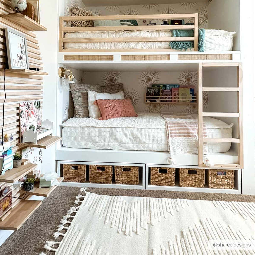 Kids room with bunk beds and a Palimbang Cream 3D Rug. Neutral tones create a cozy, modern farmhouse style. Roomscene-Rectangle