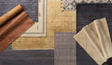 Variety of textures and patterns in gray, gold, and brown area rugs including the Sunburst leather rug. Styleshot