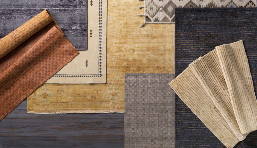 Variety of textures and patterns in gray, gold, and brown area rugs including the Sunburst leather rug. Styleshot