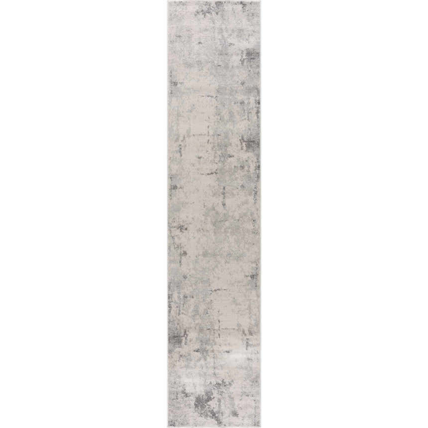 Close-up of Tigrima Ivory 2319 area rug. Contemporary design with gray and ivory hues. Machine woven polypropylene texture. Design-Runner-281