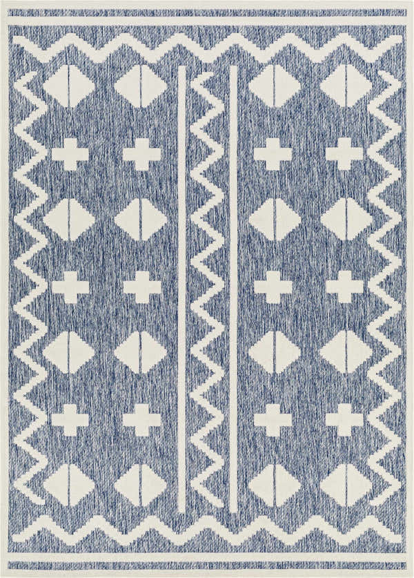 Close-up of Elio Blue Outdoor Rug featuring a geometric design in denim blue and white. Machine woven texture. Design-Rectangle-5373