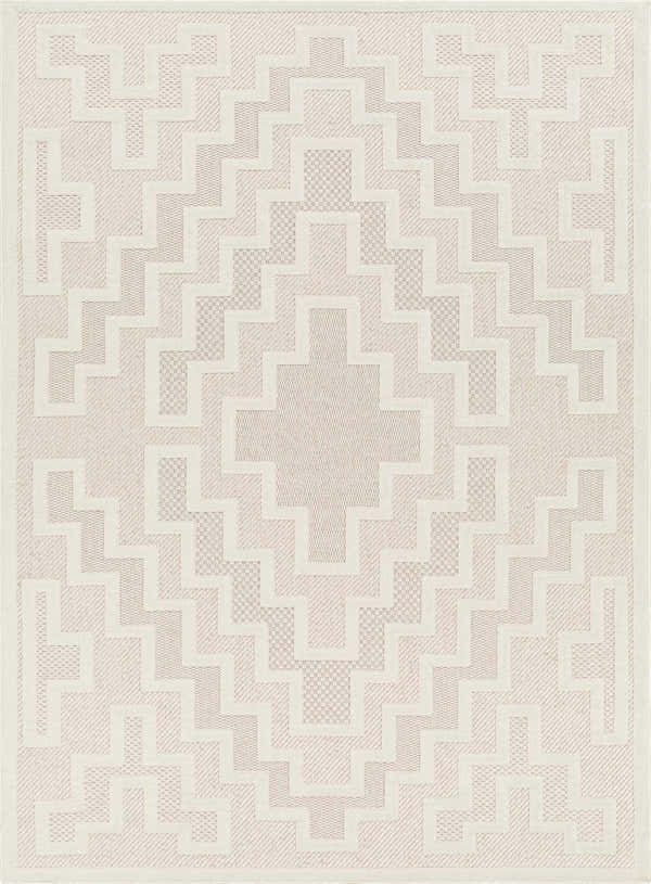 Close-up of the Diza Cream Outdoor Rug featuring a geometric pattern in bone, driftwood, gray, and nutmeg. Design-Rectangle-5373