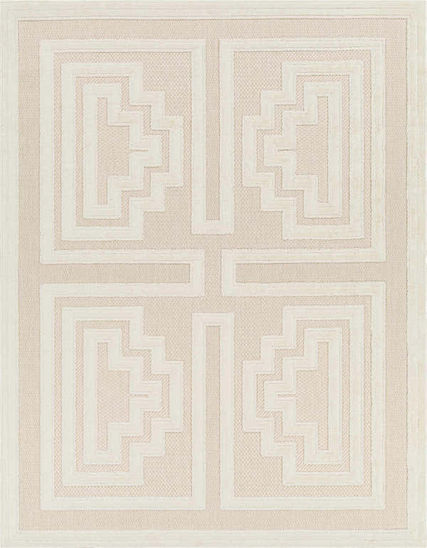 Close-up of the Yves Cream Outdoor Rug featuring a geometric, bone-colored pattern on a nutmeg background. Design-Rectangle-5373