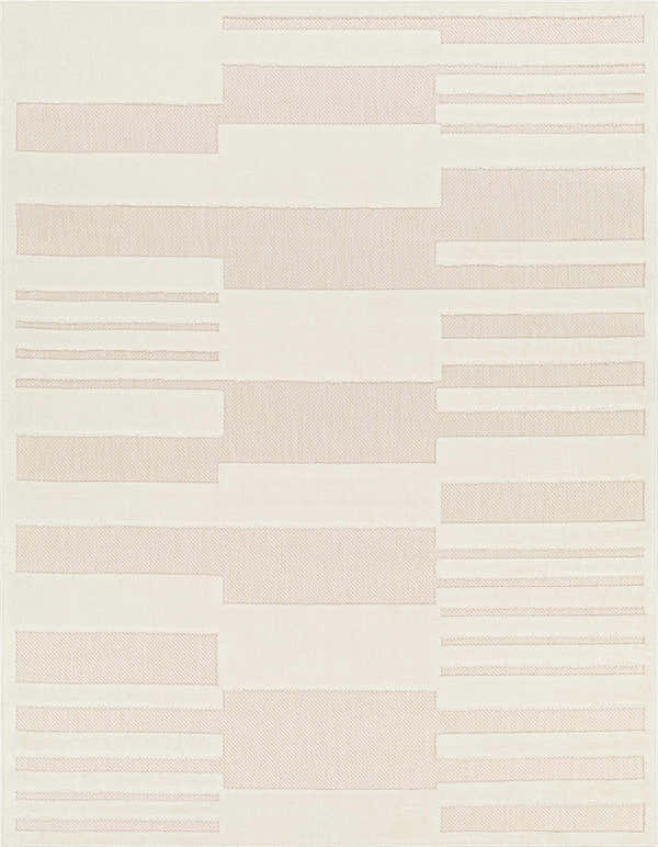 Close-up of the Nita Cream Outdoor Rug featuring a contemporary geometric design in cream and light peach. Design-Rectangle-5373