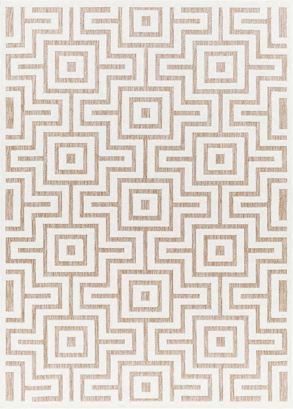 Close-up of the Zevi Tan Outdoor Rug, featuring a geometric maze pattern in tan on a white background. Design-Rectangle-5373