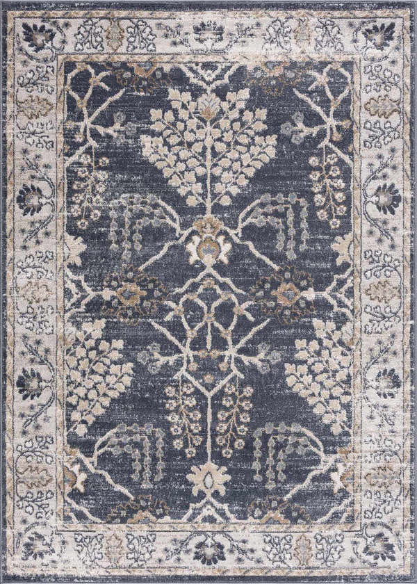 Close-up of the Scalby Area Rug. Denim, cream, and beige floral pattern with a traditional, farmhouse style. Design-Rectangle-527