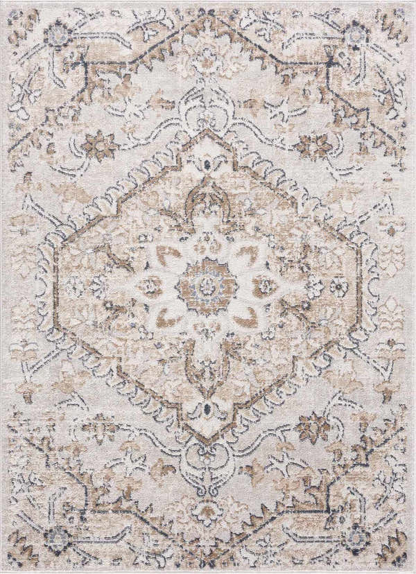 Close-up of the Mudgee Area Rug. Traditional oriental design in charcoal, cream, beige, gray, and tan. Machine woven texture. Design-Rectangle-527