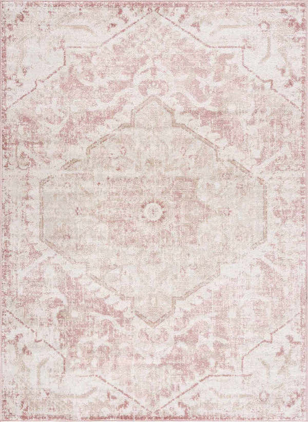 Close-up of the Leonora Area Rug, a machine-woven rug in cream, light beige, pale pink, and plum with a traditional oriental design. Design-Rectangle-527