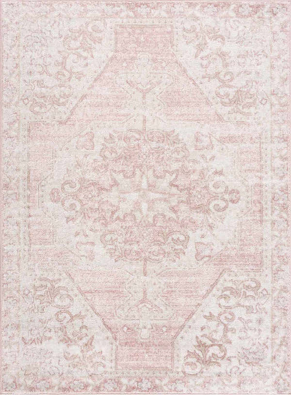 Close-up of the Snead Pink Floral Rug, a machine-woven rug with a light beige and pale pink oriental-inspired floral pattern. Design-Rectangle-527