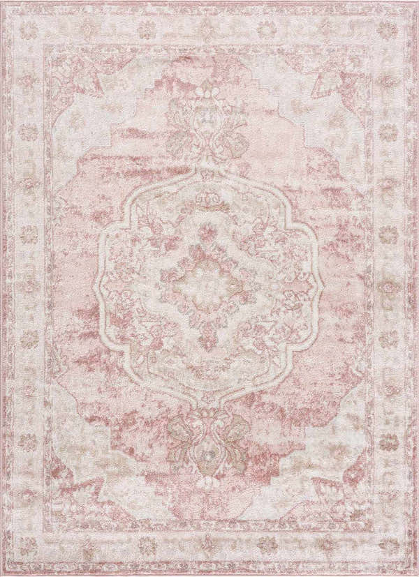 Close-up of the Kandos Blush & Light Pink Area Rug. Features a traditional oriental design in cream, beige, and pale pink tones. Design-Rectangle-527
